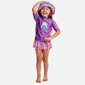 UVSkinz Girls' Purple Rainbow Sun Rashguard Swim Set with Pink Skirt & Hat